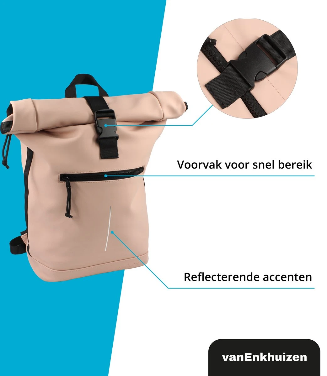 VanEnkhuizen Rolltop Rugzak Met Laptopvak 15,6 Inch - 20 Liter - Waterafstotend En Thermo Materiaal - Roze 11 VanEnkhuizen Rolltop Rugzak Met Laptopvak 15,6 Inch - 20 Liter - Waterafstotend En Thermo Materiaal - Roze - Image 9