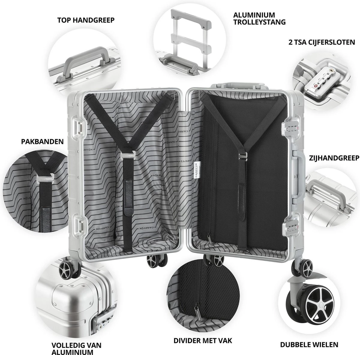 CarryOn ULD Handbagage - Luxe Aluminium Trolley 55cm - Dubbel TSA Slot - Dubbele Wielen - Aluminium 4 CarryOn ULD Handbagage - Luxe Aluminium Trolley 55cm - Dubbel TSA Slot - Dubbele Wielen - Aluminium - Image 2