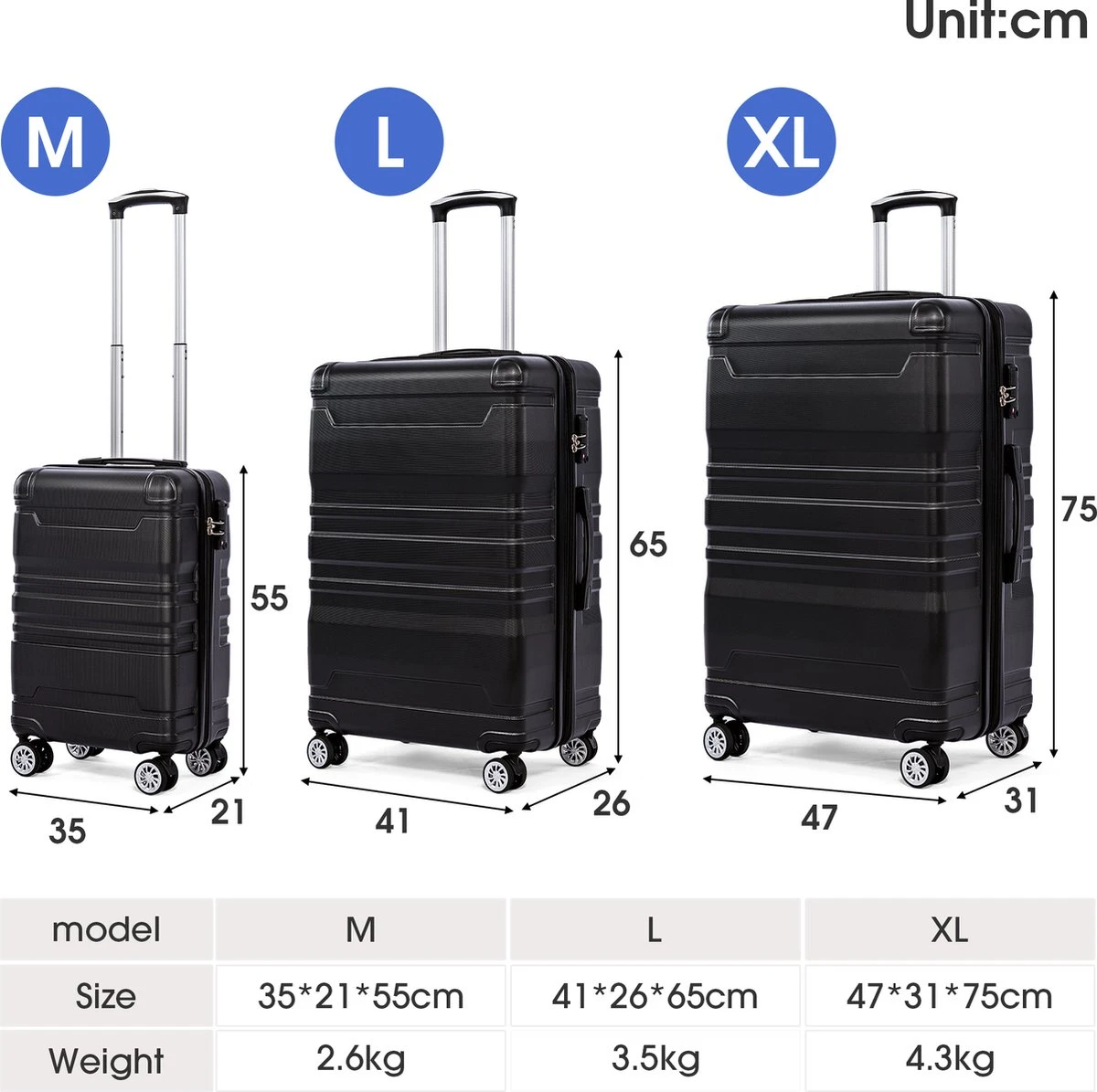 Merax 3-delig Kofferset Met TSA Slot - Trolleyset ABS 40L, 70L & 110 Liter - Zwart 9 Merax 3-delig Kofferset Met TSA Slot - Trolleyset ABS 40L, 70L & 110 Liter - Zwart - Image 7