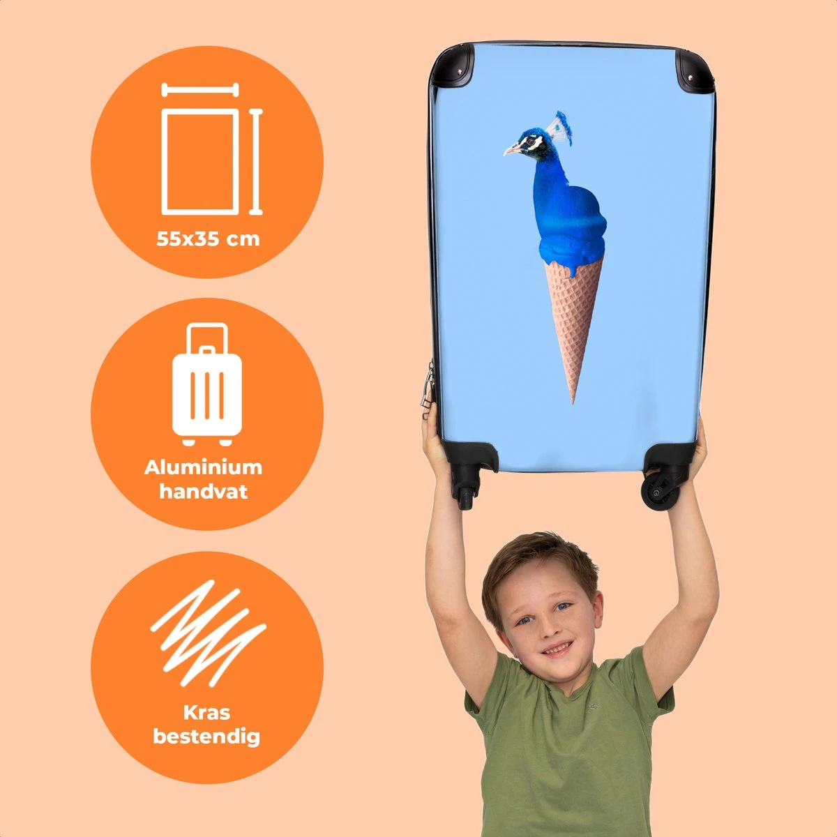 NoBoringSuitcases.com® Koffer - Reiskoffer Met Wielen - Pauw - IJshoorntjes - Blauw - IJs - Vogel - Handbagage Trolley - Past Binnen 55x40x20 Cm En 55x35x25 Cm - Fotokoffer 5 NoBoringSuitcases.com® Koffer - Reiskoffer Met Wielen - Pauw - IJshoorntjes - Blauw - IJs - Vogel - Handbagage Trolley - Past Binnen 55x40x20 Cm En 55x35x25 Cm - Fotokoffer - Image 3