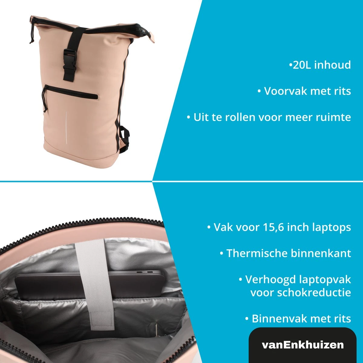 VanEnkhuizen Rolltop Rugzak Met Laptopvak 15,6 Inch - 20 Liter - Waterafstotend En Thermo Materiaal - Roze 4 VanEnkhuizen Rolltop Rugzak Met Laptopvak 15,6 Inch - 20 Liter - Waterafstotend En Thermo Materiaal - Roze - Image 2